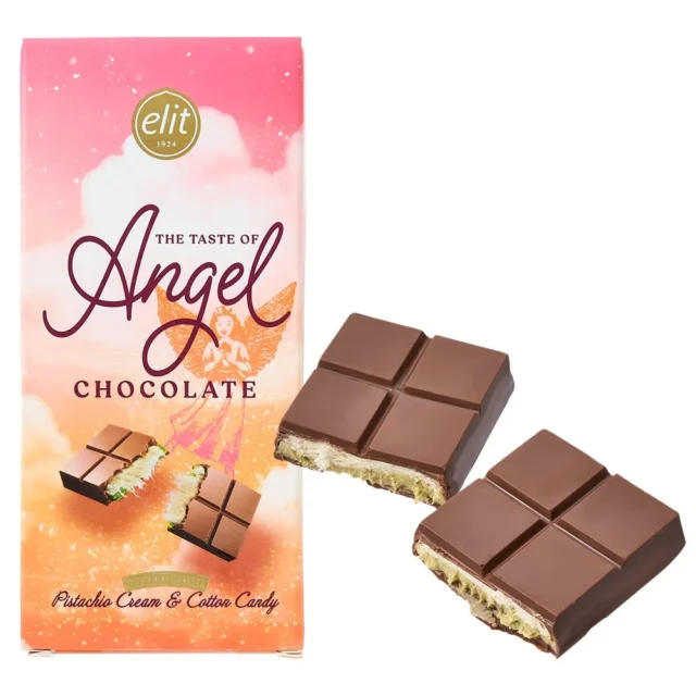エリート エンジェルヘアーチョコレートのパッケージと、ピスタチオクリームとピシュマニエの断面