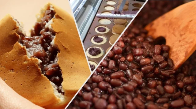 紫あんの大判焼の製造工程と、あんこが詰まった出来立ての大判焼