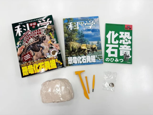 『学研の科学 恐竜化石発掘キット』の書籍、発掘ブロック、道具、アンモナイト化石の全内容物。