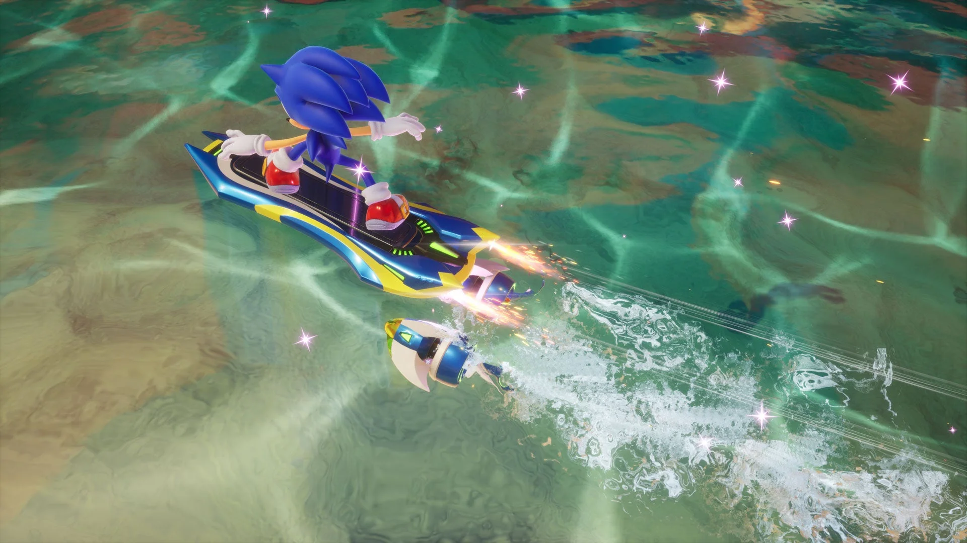 無料DLCブルースターで水上を滑走するソニックのゲーム画面