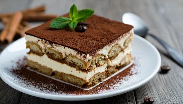 ココアパウダーがかけられた本格的なティラミスのイメージ