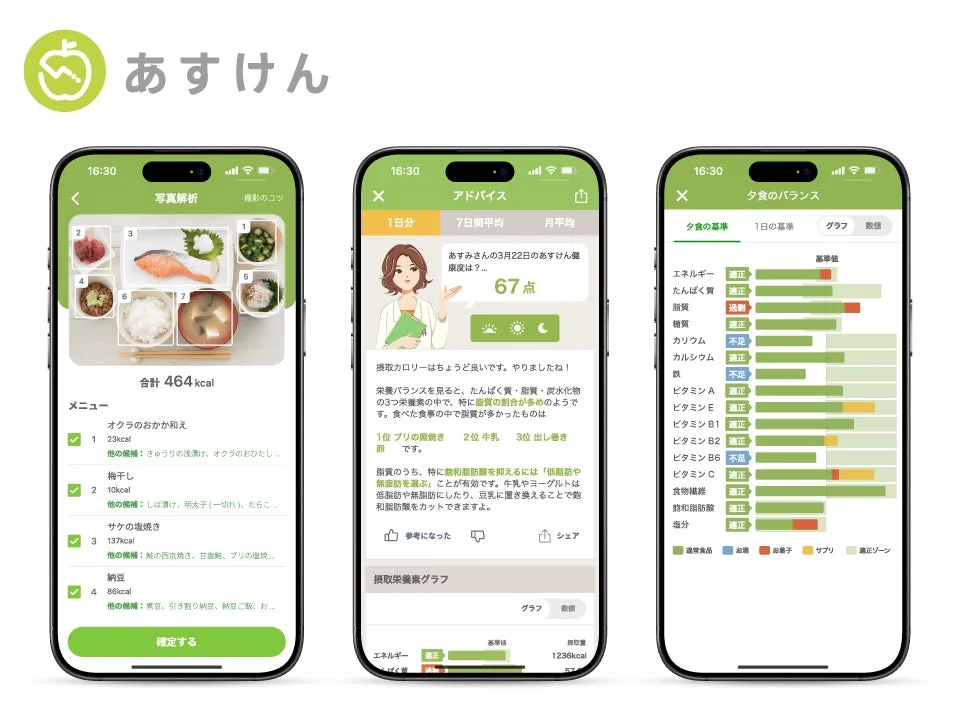 AI食事管理アプリ『あすけん』の食事記録、アドバイス、栄養バランス表示画面