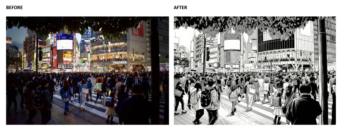 渋谷スクランブル交差点の写真を漫画背景に変換したビフォーアフター