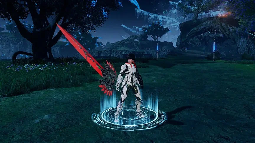 モーション変更「大剣」でエフェクトと共に大剣を構えるキャラクター