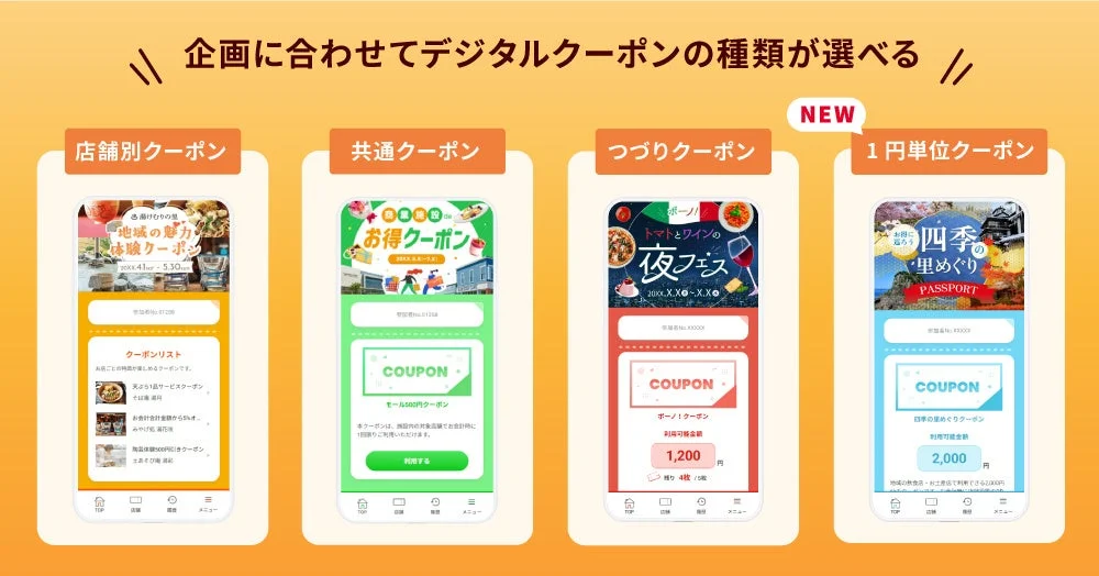 Coupollyで利用できる「店舗別、共通、つづり、1円単位」の4種類のデジタルクーポン