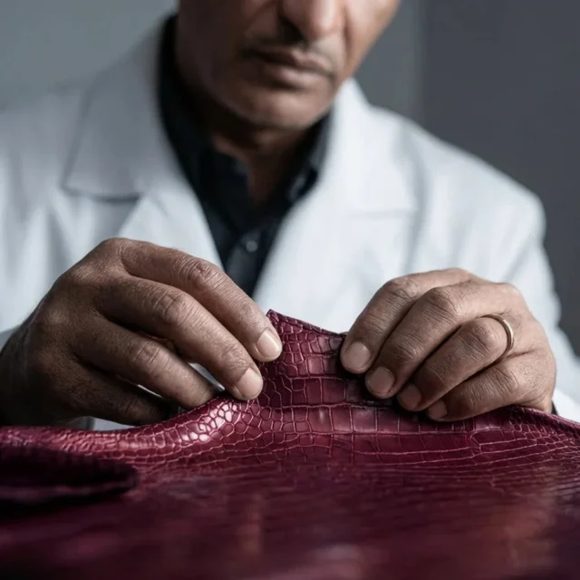 職人が厳選されたマルーンカラーのエキゾチックレザーを扱う様子