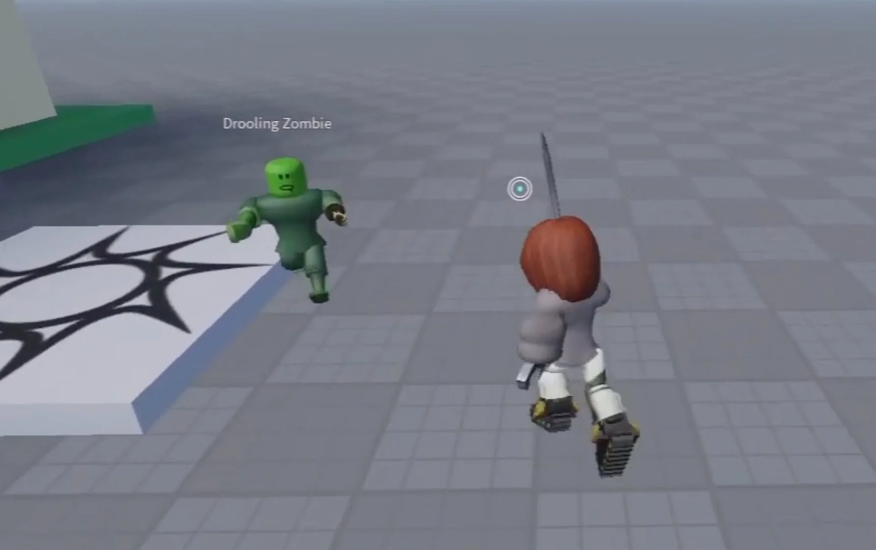 Robloxのゲームで剣を持ったキャラクターが敵と戦うシーン