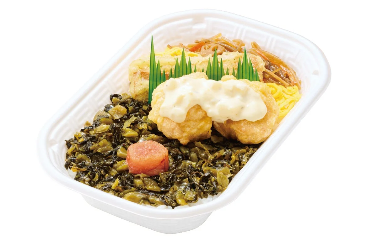 ほっかほっか亭 明太高菜弁当の中身(高菜、明太子、とり天タルタル、ちくわ磯辺、きんぴらごぼう)を上から見た画像