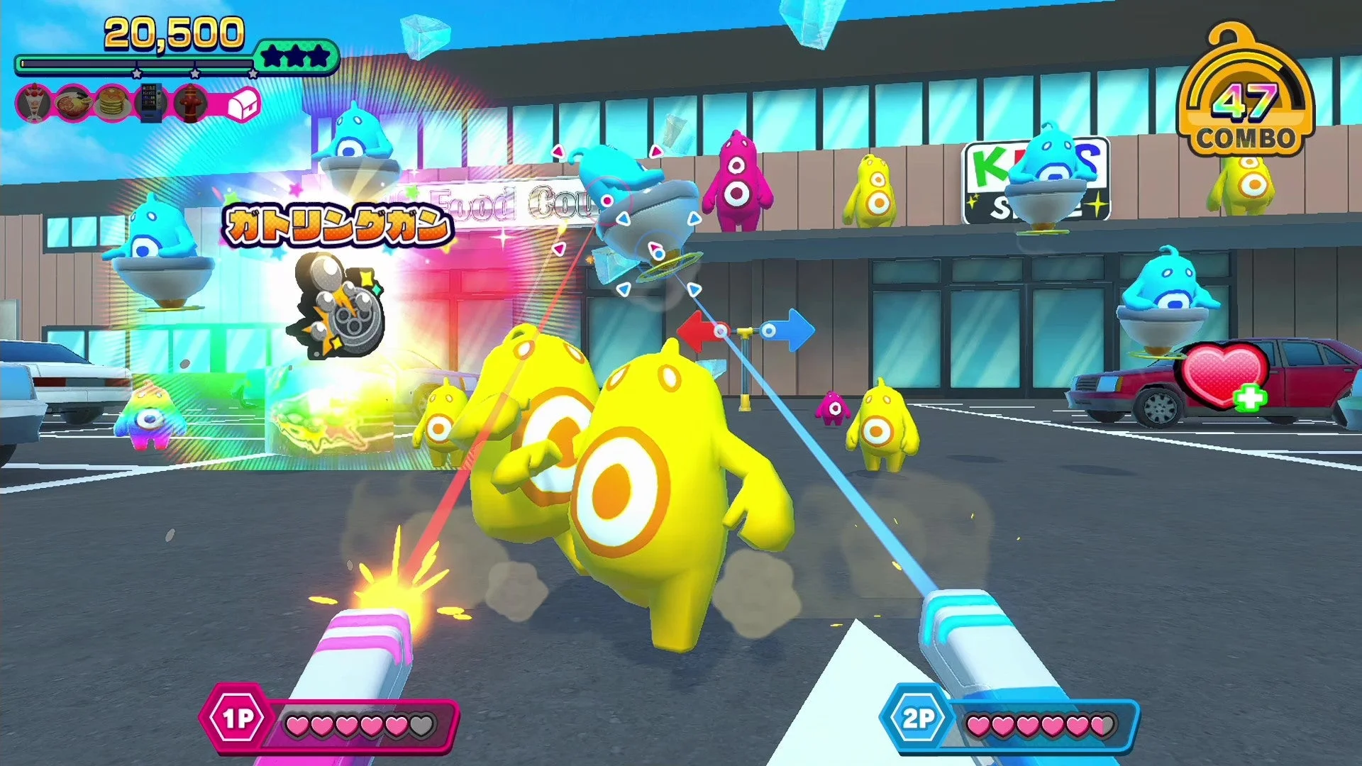 市街地ステージでの2人協力プレイ画面