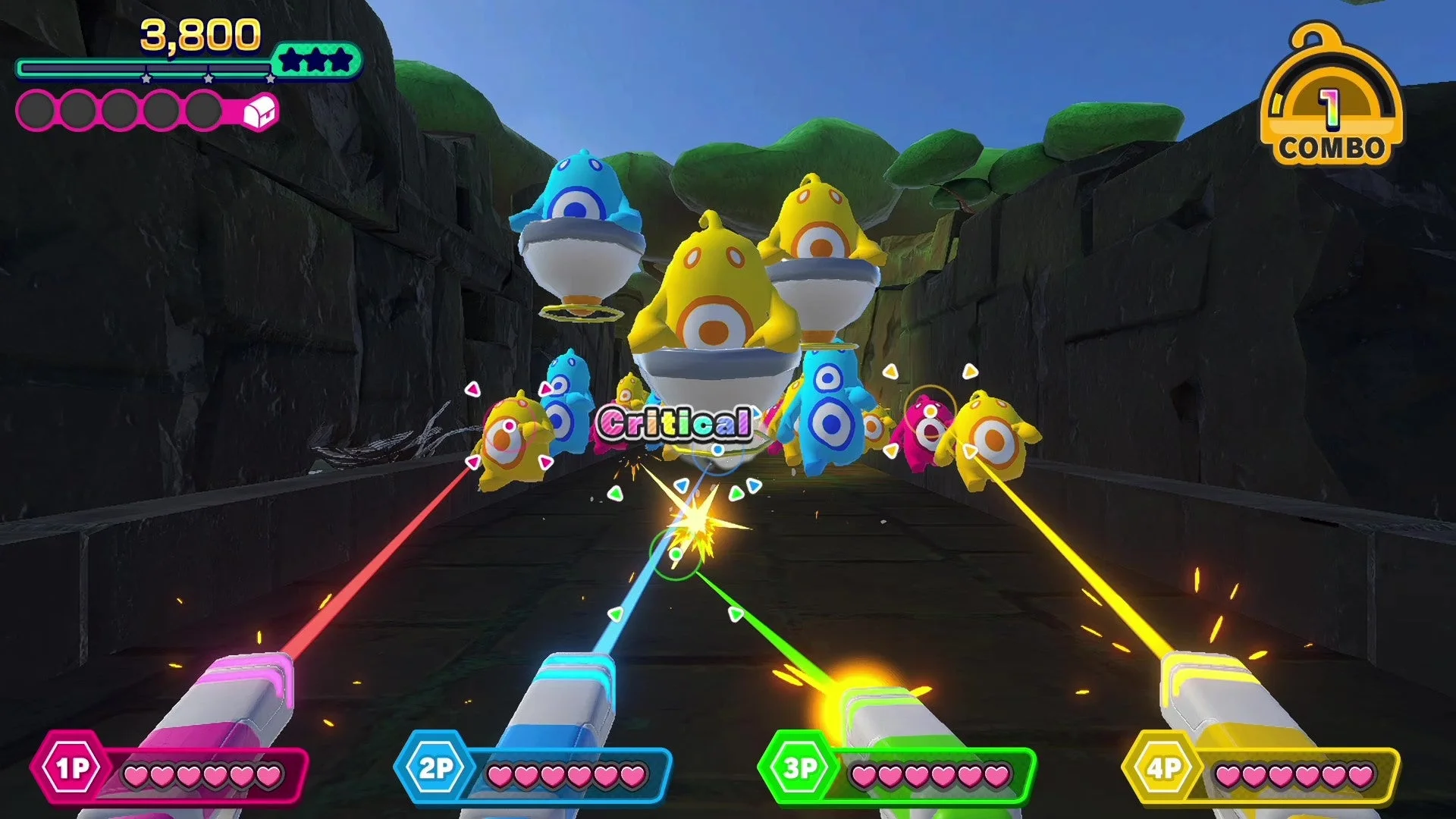 洞窟ステージでの4人協力プレイ画面