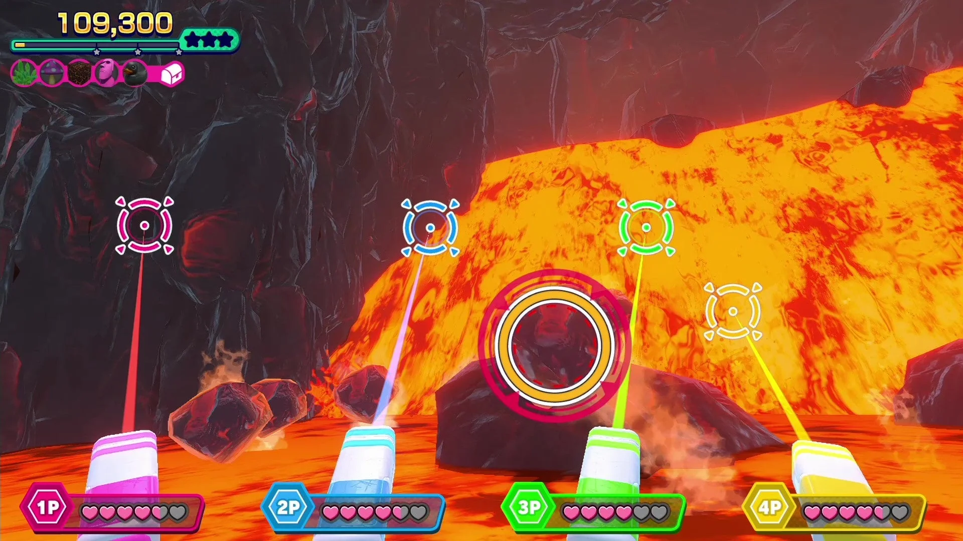 溶岩ステージでの4人協力プレイ画面