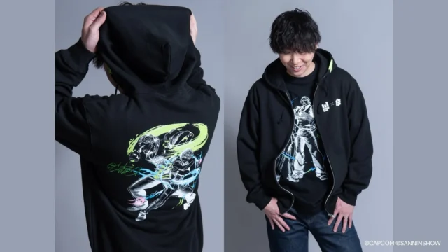 コラボジップアップパーカーを着用したモデルの正面と背面