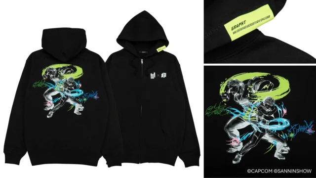 ジップアップパーカーの全体とフード部分、背面アートのディテール