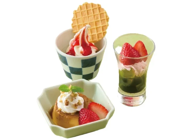 宇治抹茶みつ寒天、いちごソースソフト、夢庵プリンが楽しめるいちごの甘味三彩