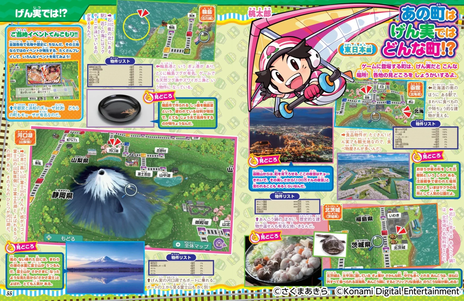 「桃太郎電鉄2」を題材にした遊びページと現実の町を紹介するページ