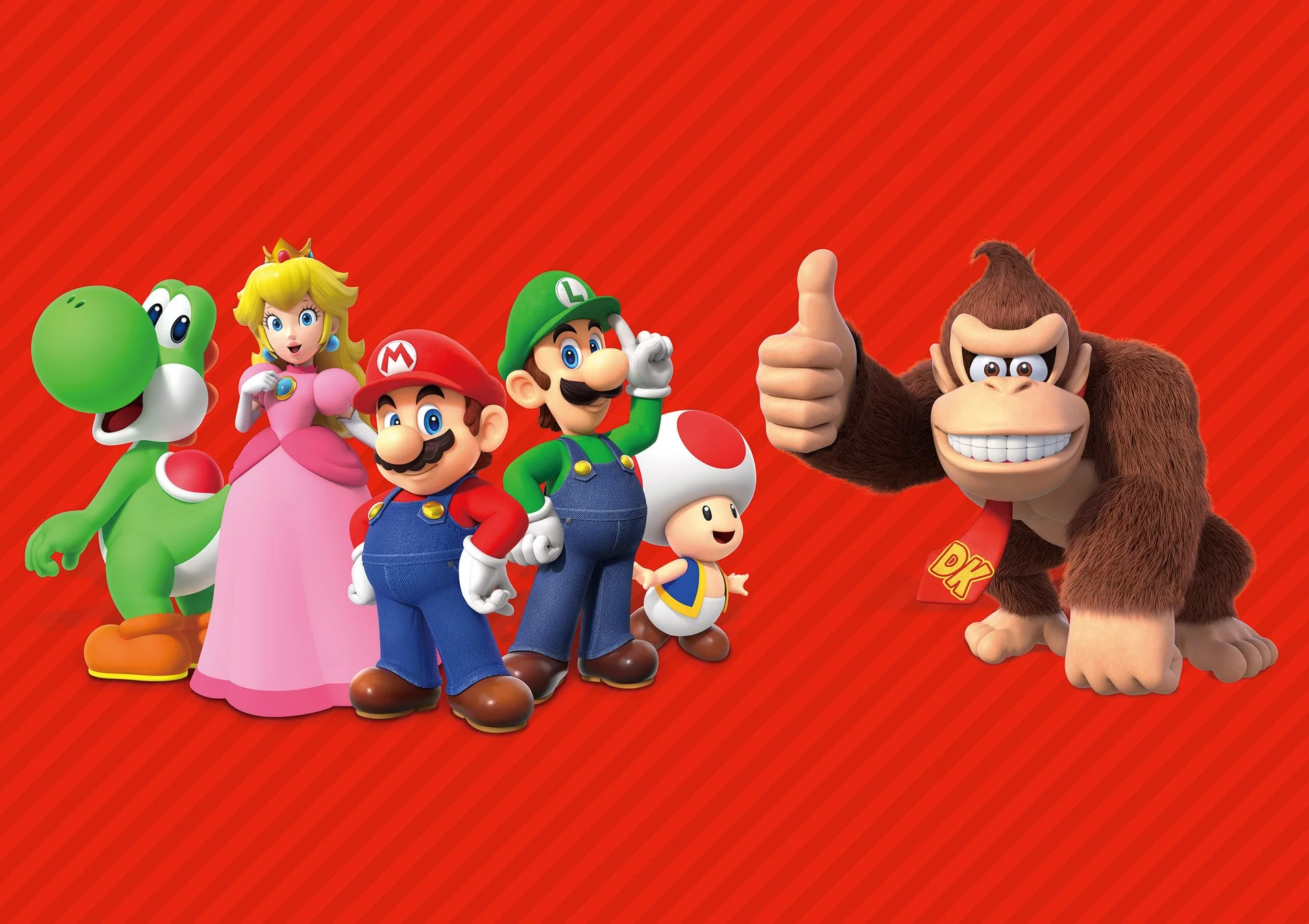 マリオ、ルイージ、ピーチ姫、ヨッシー、ドンキーコングのキャラクター集合