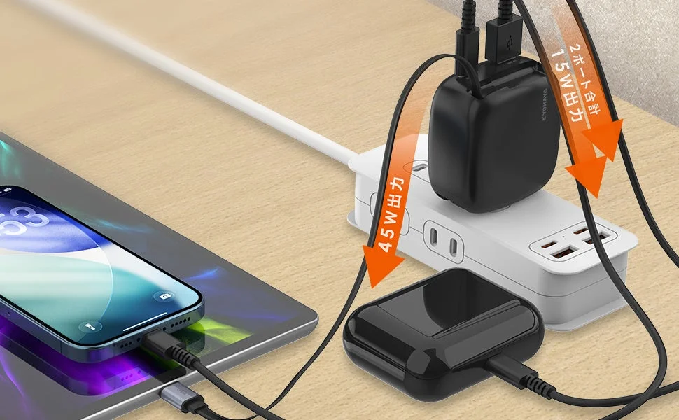 3台同時充電と各ポートの出力（45W、合計15W）を示すCHARGE GEAR INTEG REEL 65