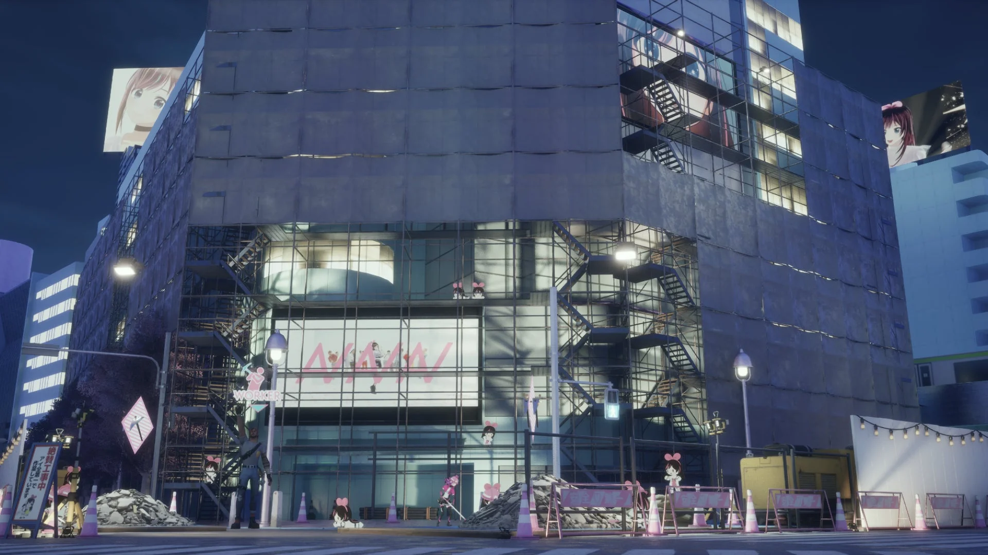 KizunaAIワールド内の渋谷で工事中のビルとミニアイちゃんたち
