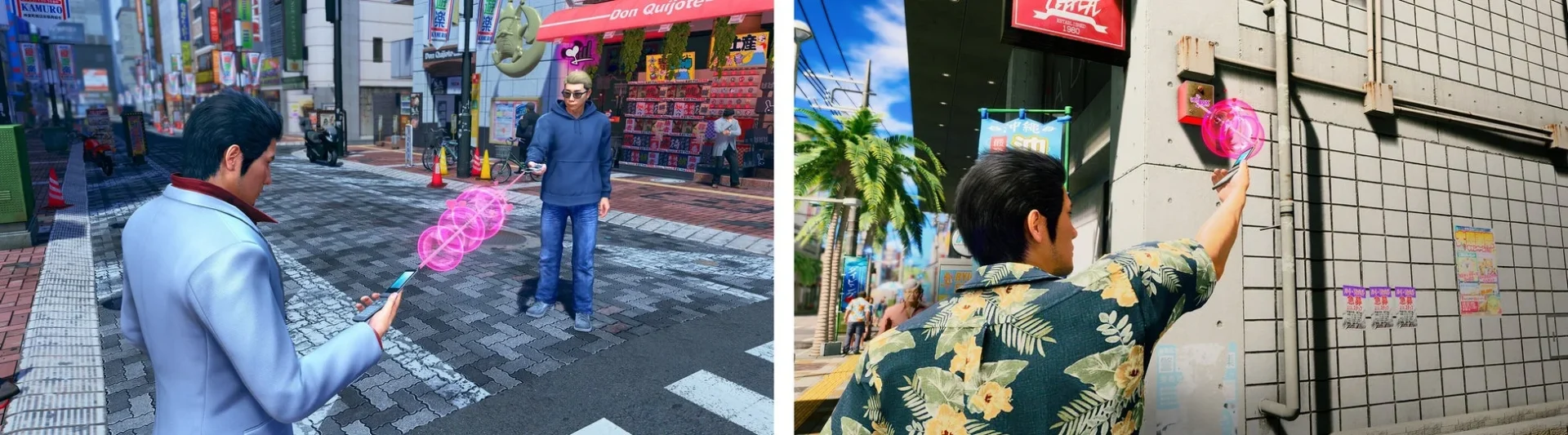 街中で「赤い糸通信」を行う桐生とラブボックスを探す様子