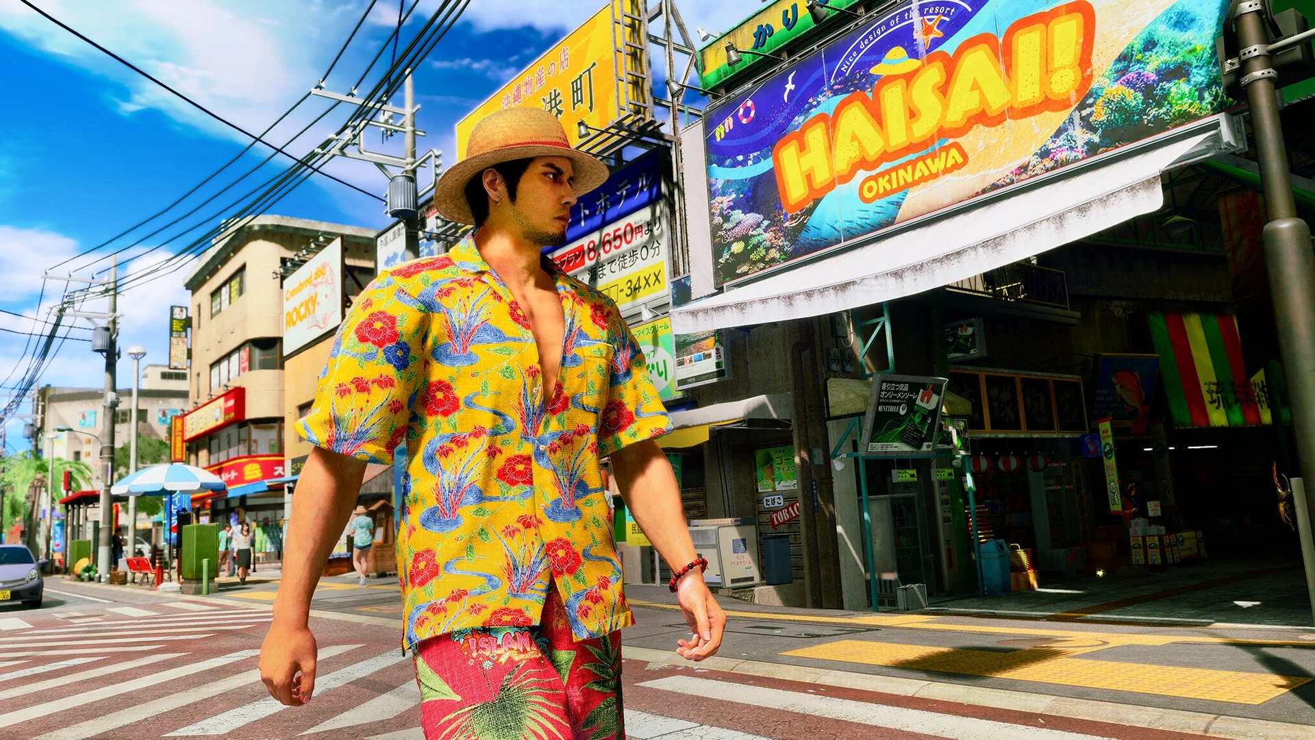 琉球街でかりゆしウェアを着用した桐生のコーディネート