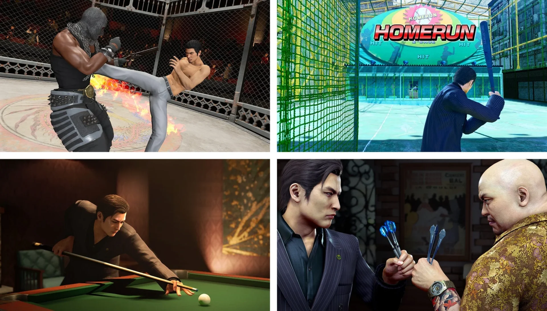 プレイスポットの格闘、バッティング、ビリヤード、ダーツの様子