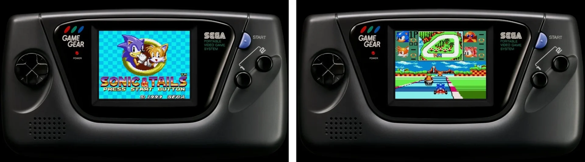 ゲームギアで遊べる『ソニック＆テイルス』と『ソニックドリフト』の画面