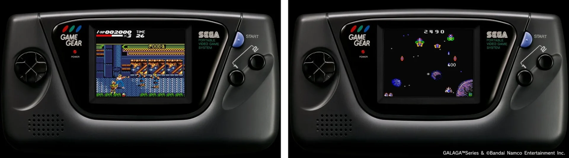 ゲームギアで遊べる『ガンスターヒーローズ』と『ギャラガ'88』の画面