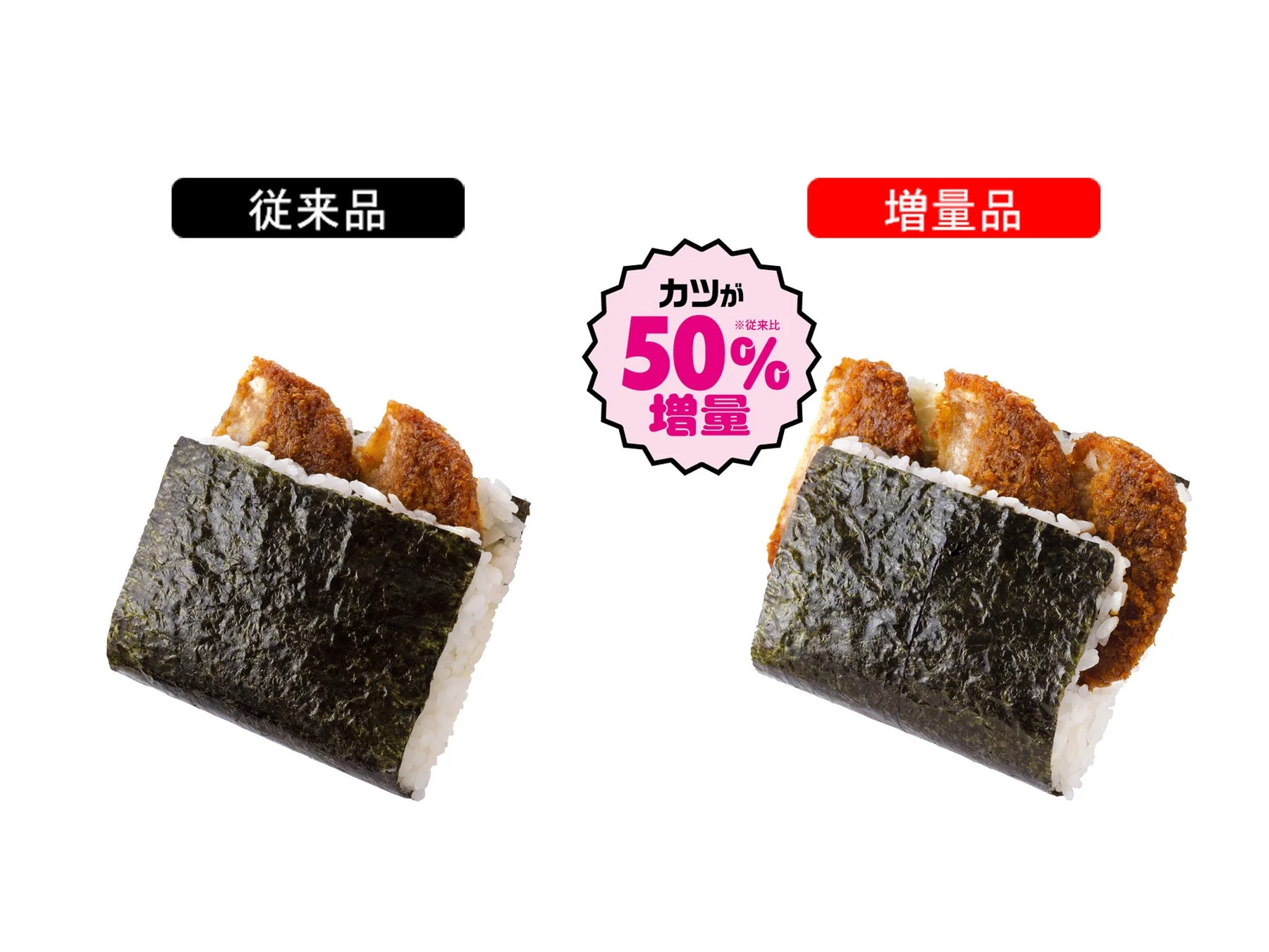 NewDaysの増量フェス対象商品「サンドおむすび ソースカツ丼風」の従来品とカツ50%増量品の比較