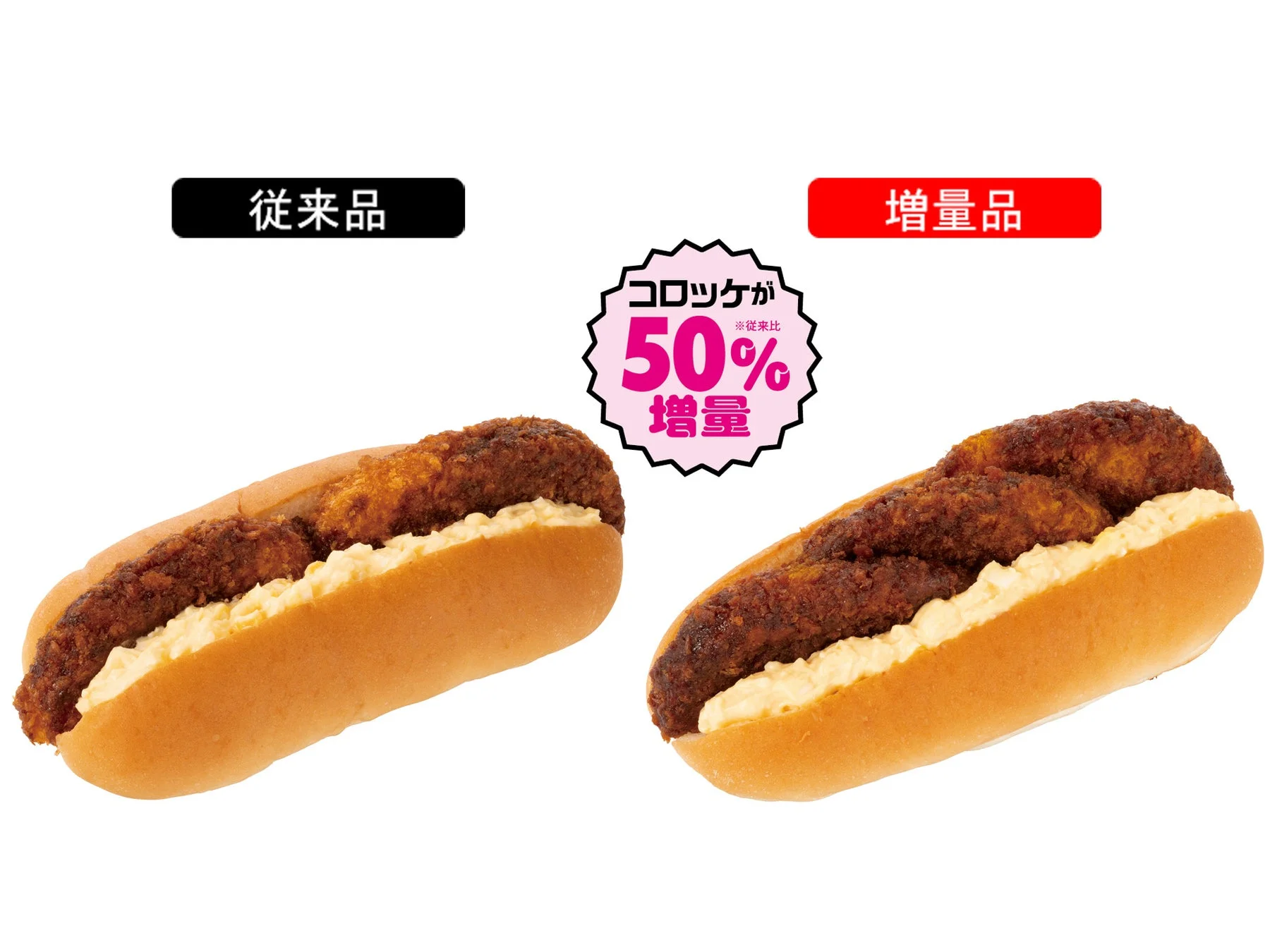 NewDaysの増量フェス対象商品「コロたまコッペ」の従来品とコロッケ50%増量品の比較