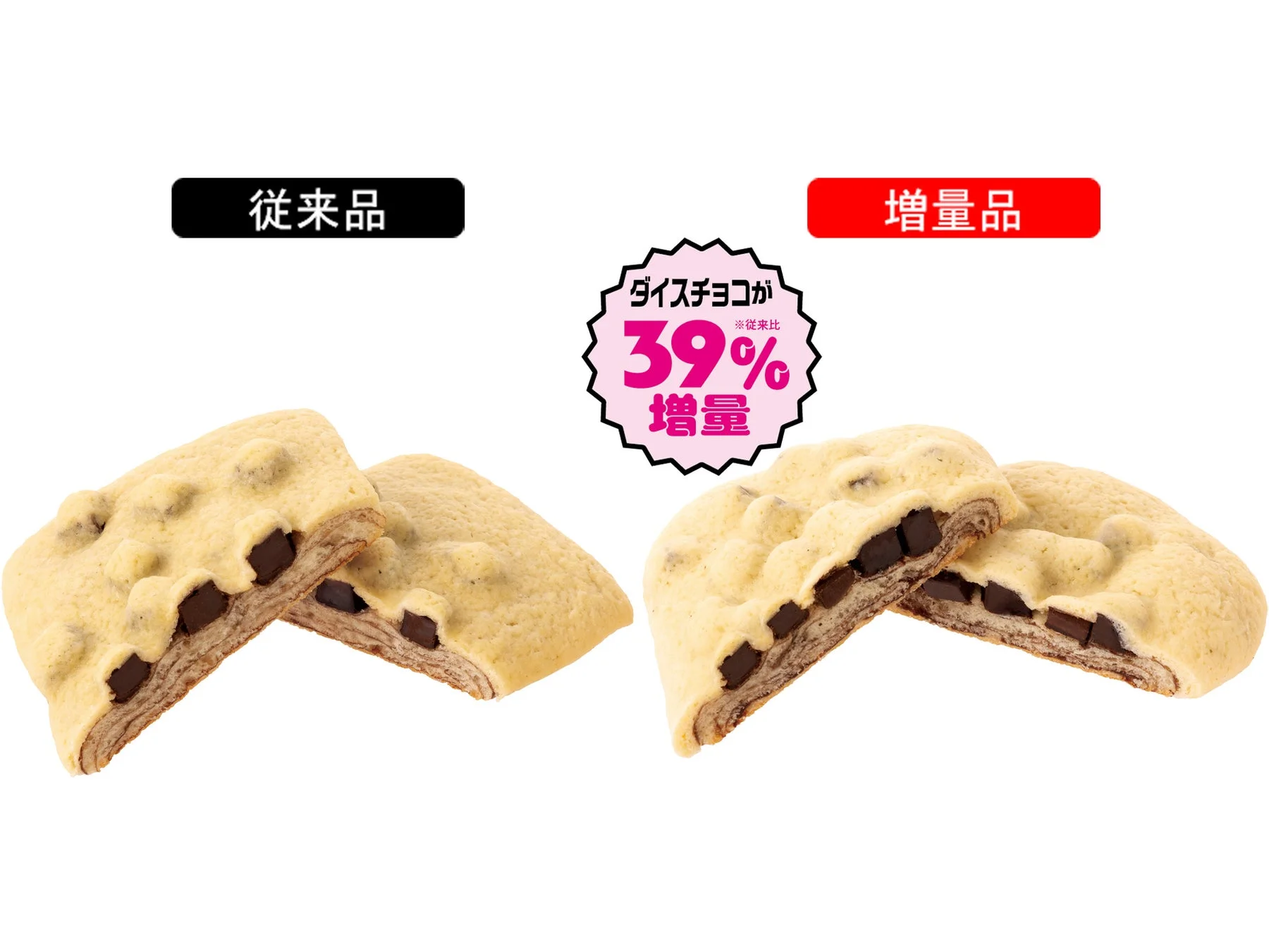 NewDaysの増量フェス対象商品「チョコづくし」の従来品とダイスチョコ39%増量品の比較
