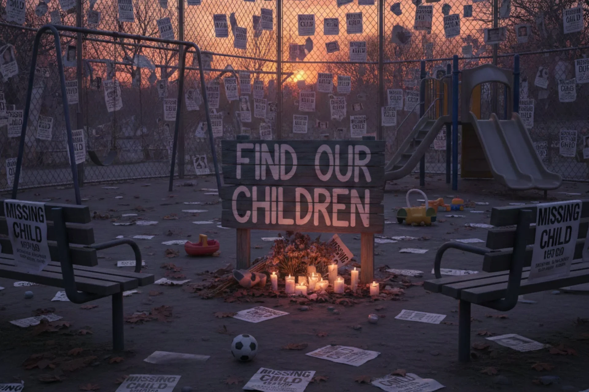 「FIND OUR CHILDREN」と書かれた看板がある公園のイラスト