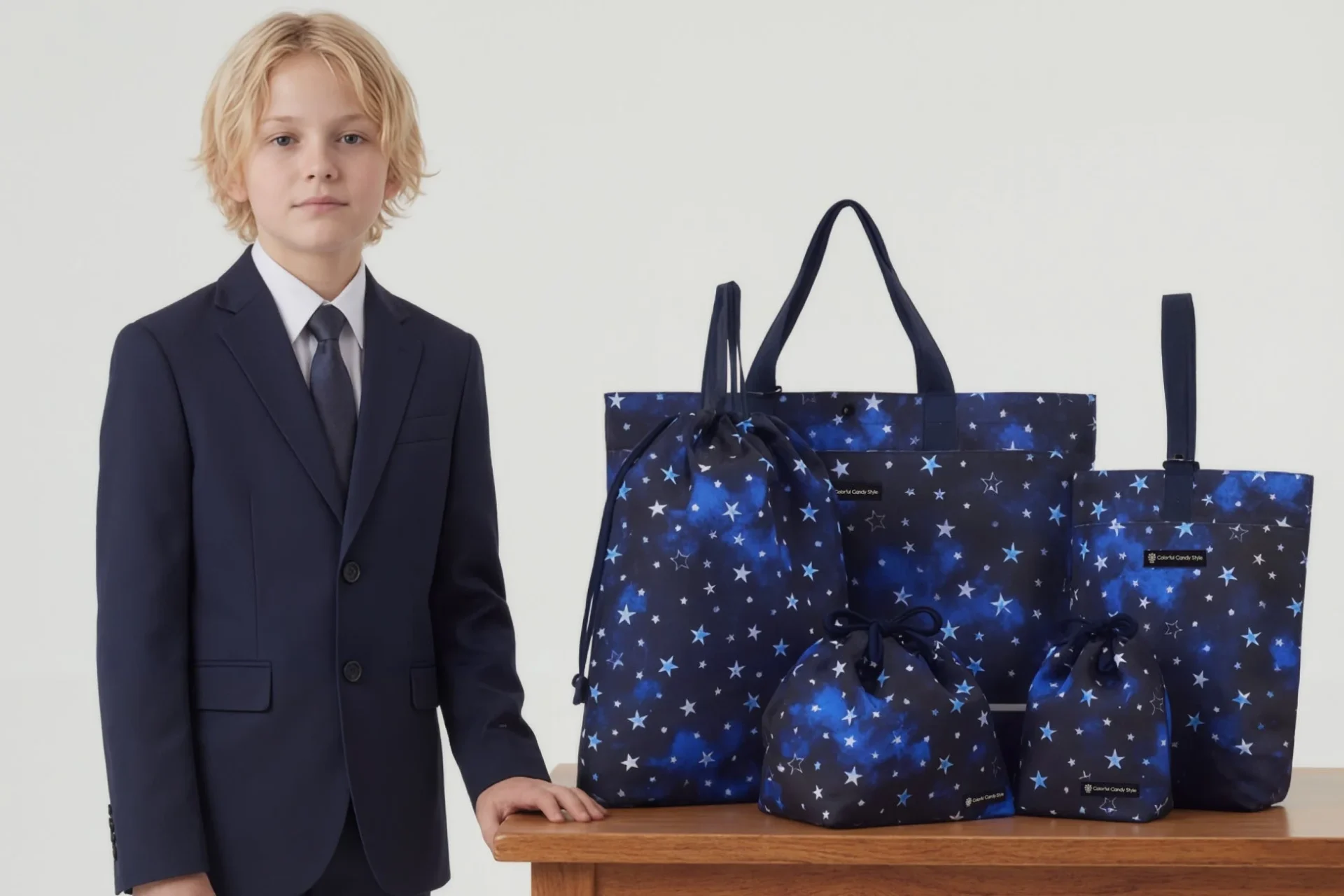 青い星柄の入園入学5点セットと男の子