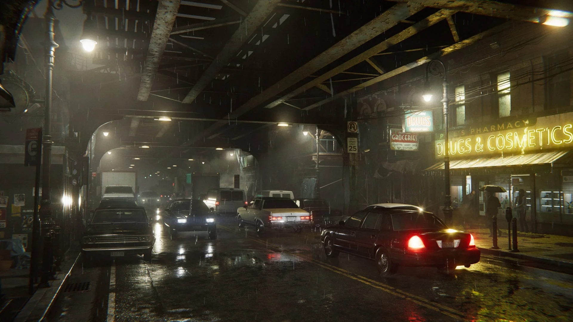 雨に濡れた夜の街並み。