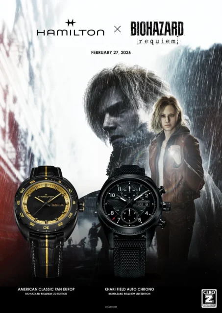 ハミルトンと『バイオハザード レクイエム』のコラボ腕時計ポスター。