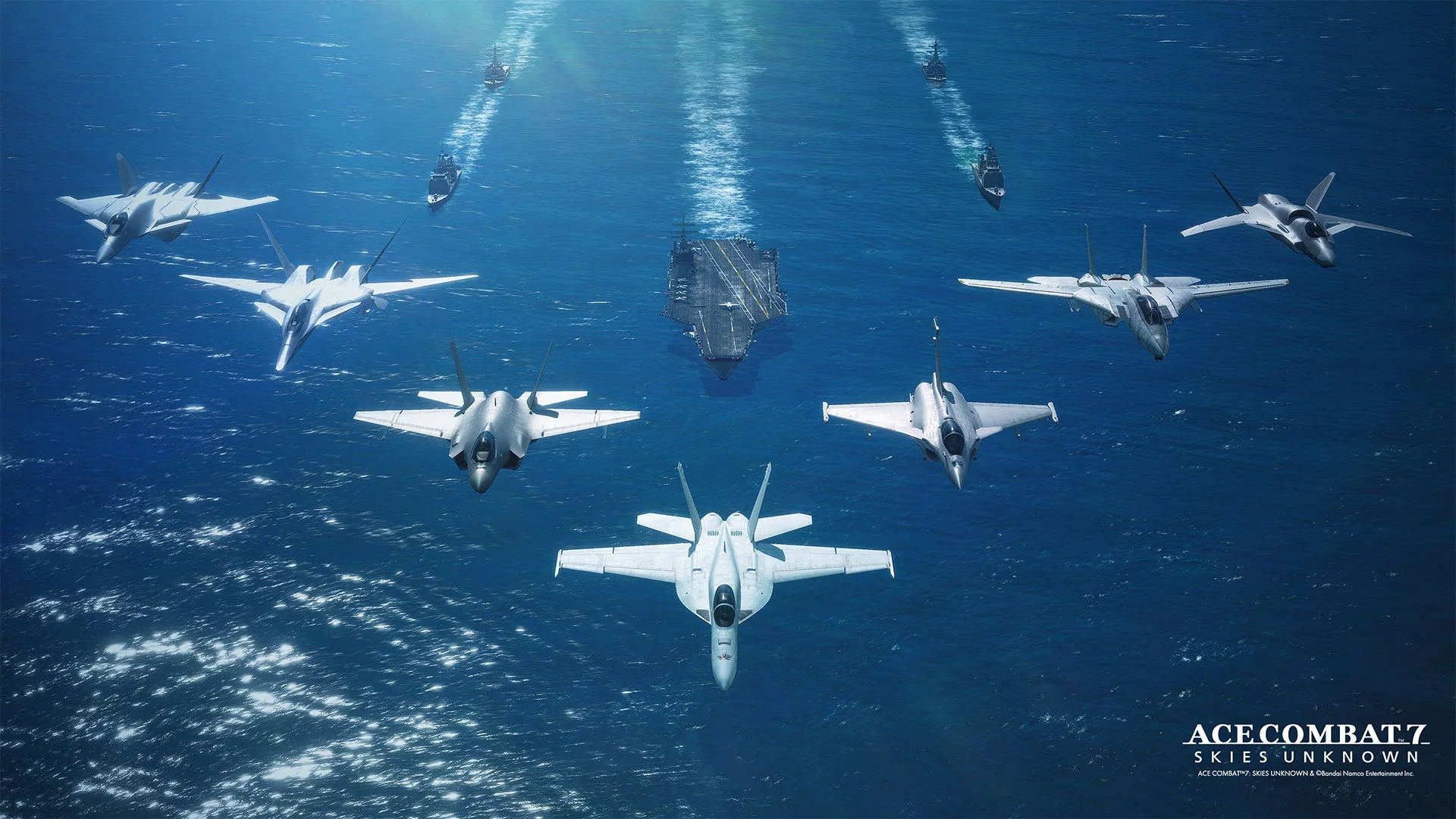 『ACE COMBAT 7: SKIES UNKNOWN』の戦闘機が編隊飛行するゲーム画面