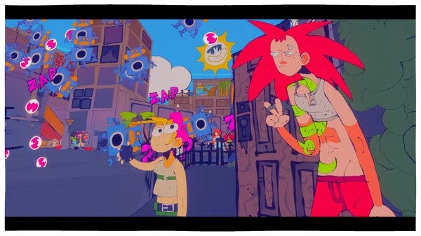 カラフルな街中でキャラクターとロボットが多数登場するゲーム画面