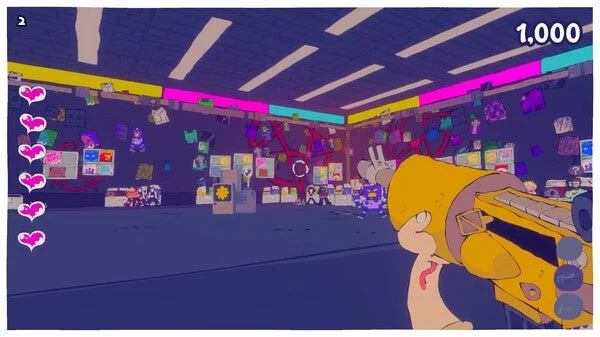 FPS視点でのゲームプレイ画面、UIとカラフルな背景