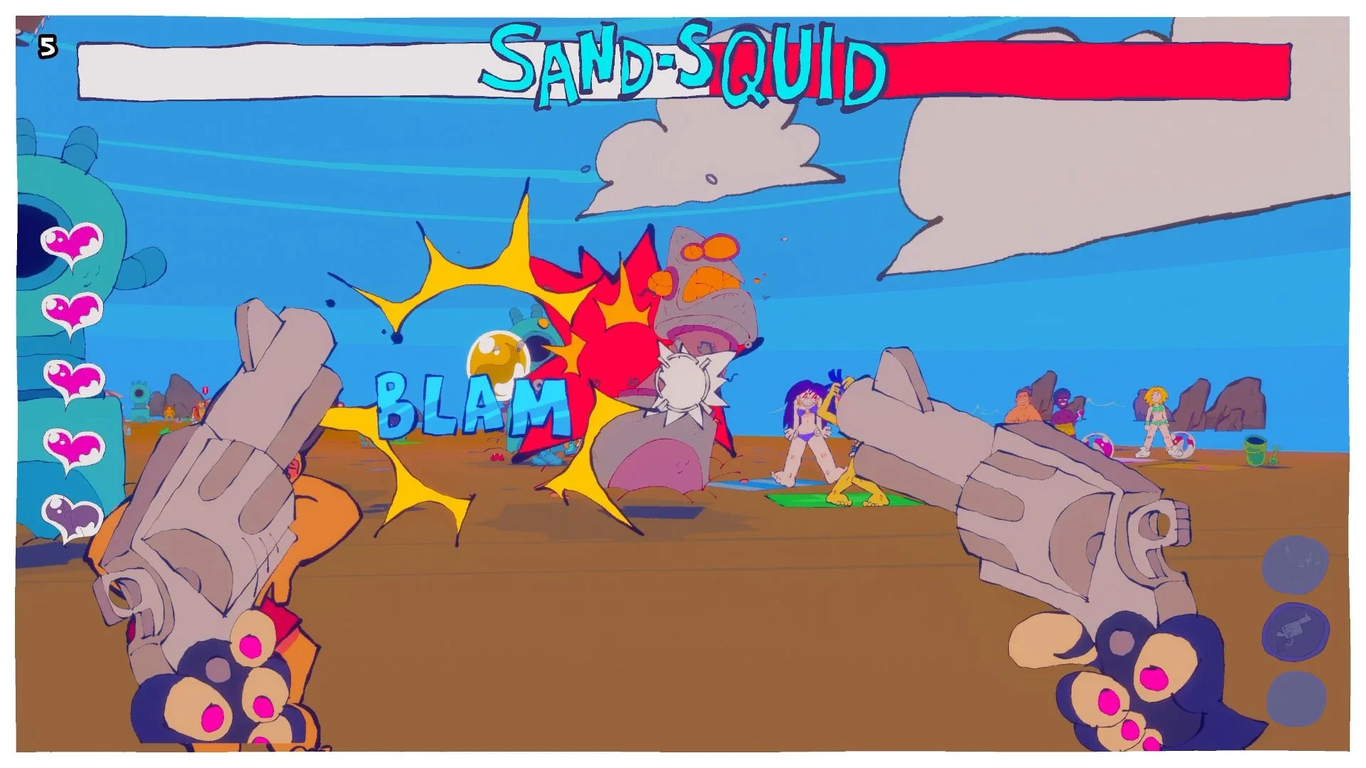 巨大な敵「SAND-SQUID」との銃撃戦ゲーム画面