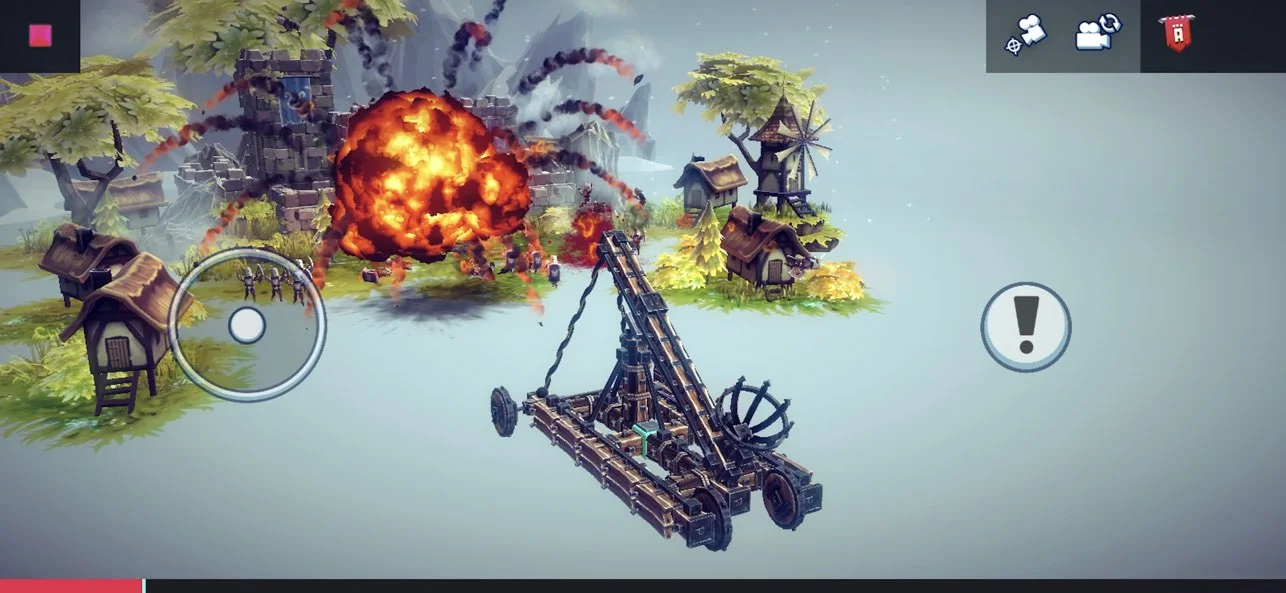『Besiege Mobile』で敵の城が爆炎に包まれる迫力ある破壊シーン