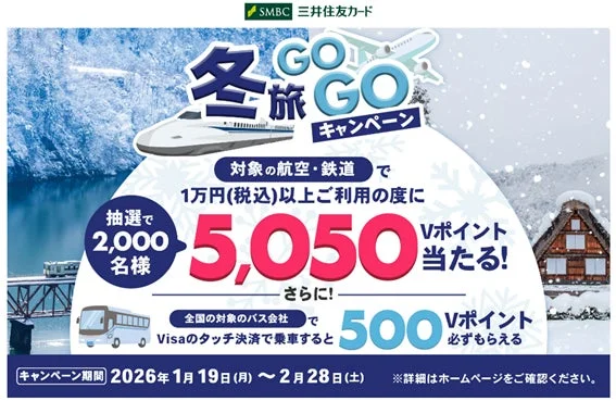 三井住友カード 冬旅GOGOキャンペーンのメインビジュアル。航空・鉄道利用で抽選5,050ポイント、バス利用で500ポイントがもらえる。