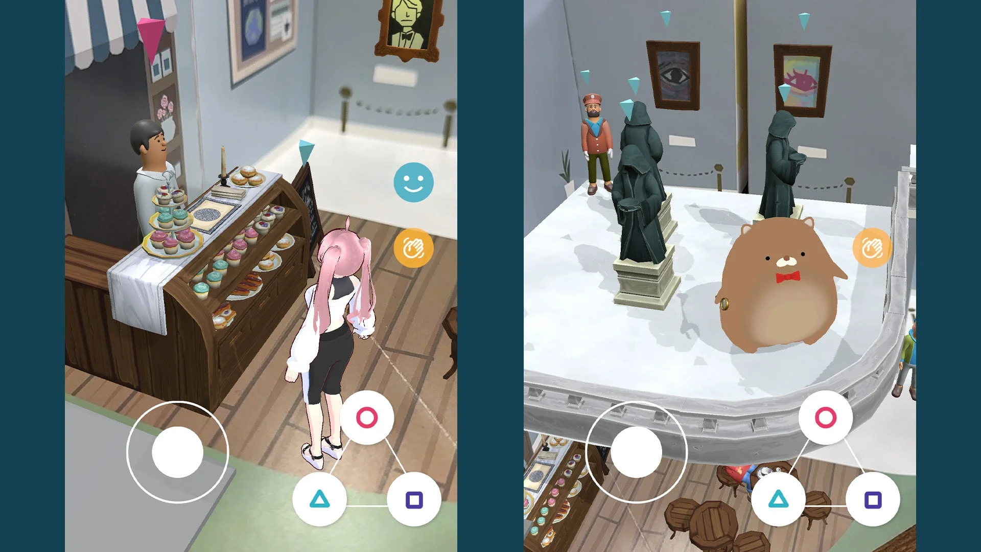 ユーザーアバターがARで表示された美術館内を探索する様子