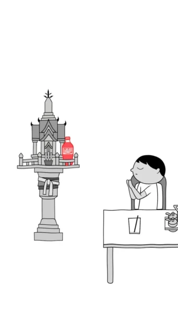 タイの家屋で祠に供え物をする「空気読み。」ゲーム画面