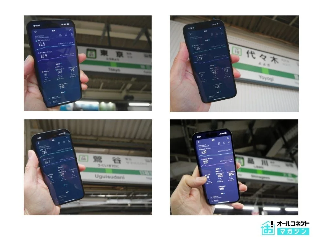 楽天モバイルの通信速度をiPhoneで測定している様子、東京駅など複数駅の画面