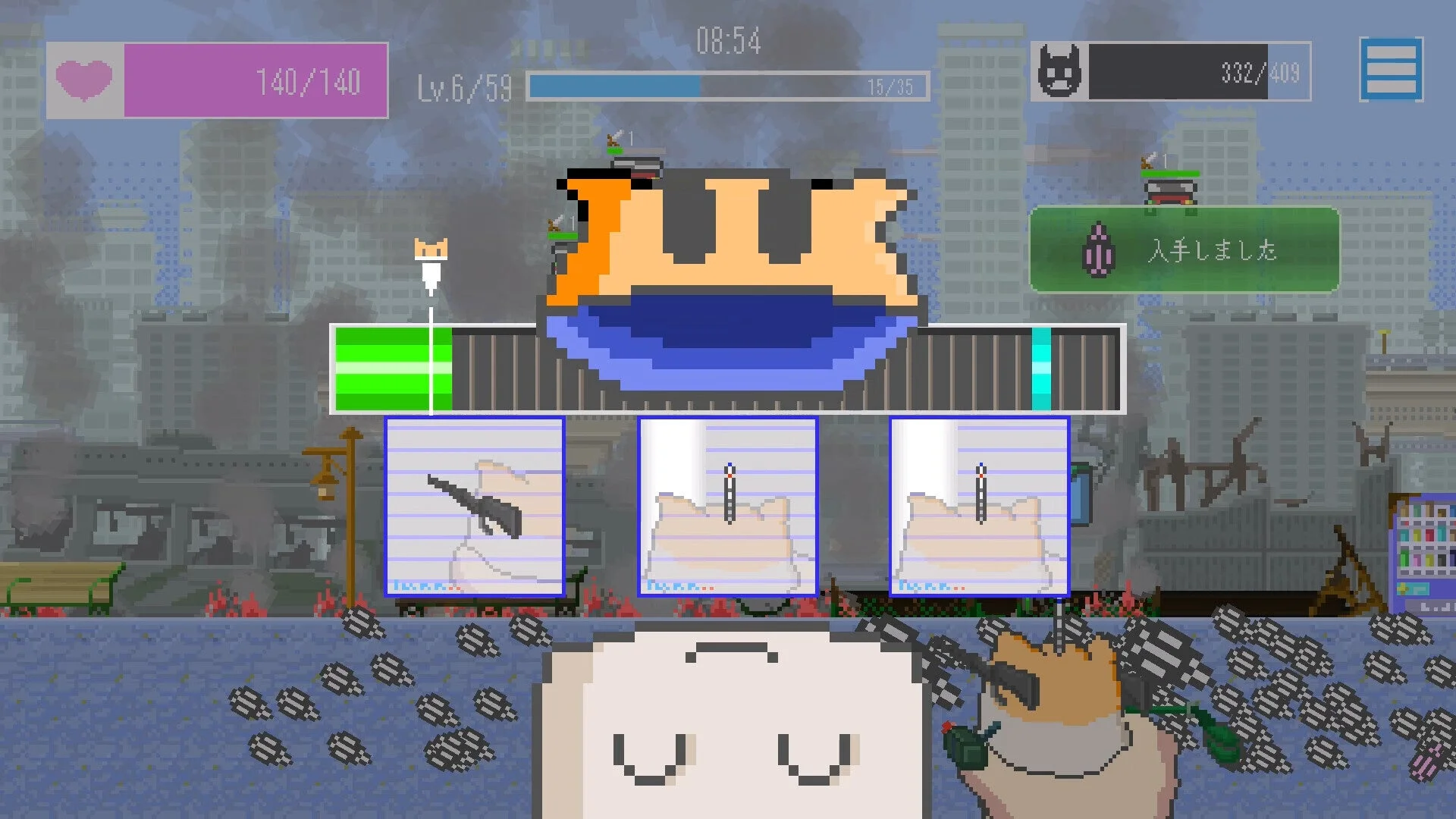 戦闘中にスキルを選択しもちおを強化する育成画面