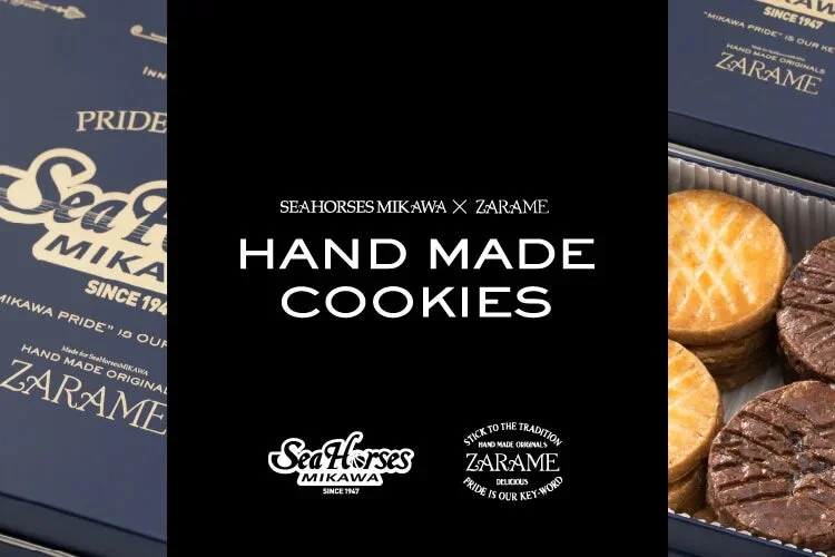 シーホース三河とZARAMEコラボの限定クッキー缶。紺色と金色のデザイン。