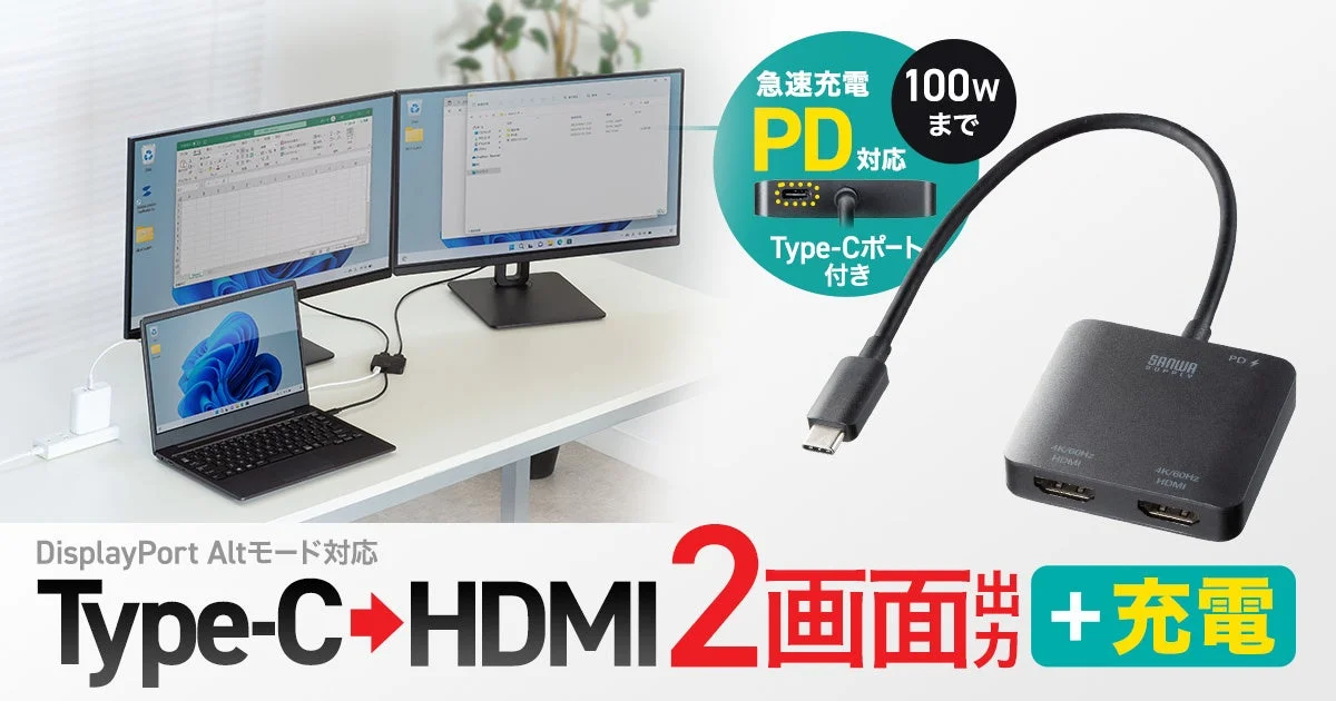 USB Type-C HDMI変換アダプタの全体像と2画面出力・PD充電機能