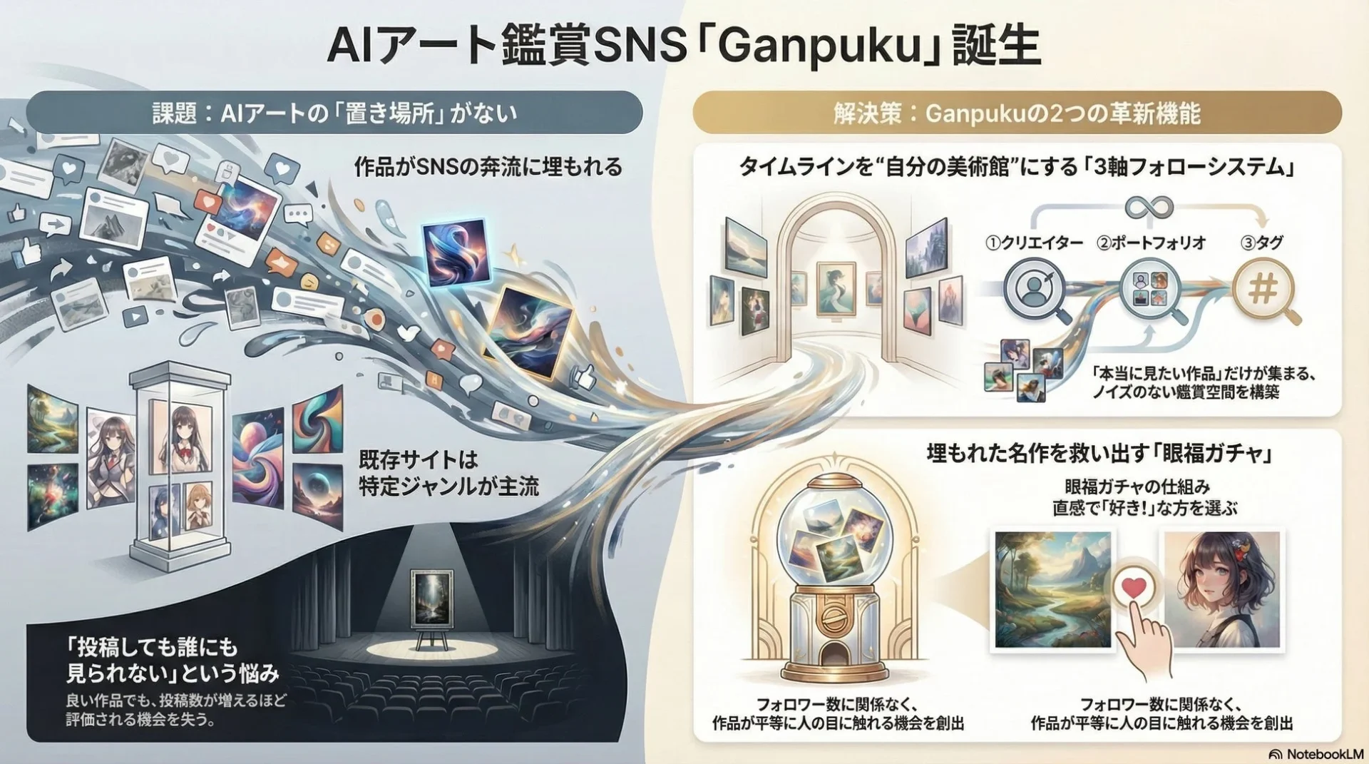 AIアートSNS『Ganpuku』の課題と解決策を示すインフォグラフィック。3軸フォローと眼福ガチャで課題解決。