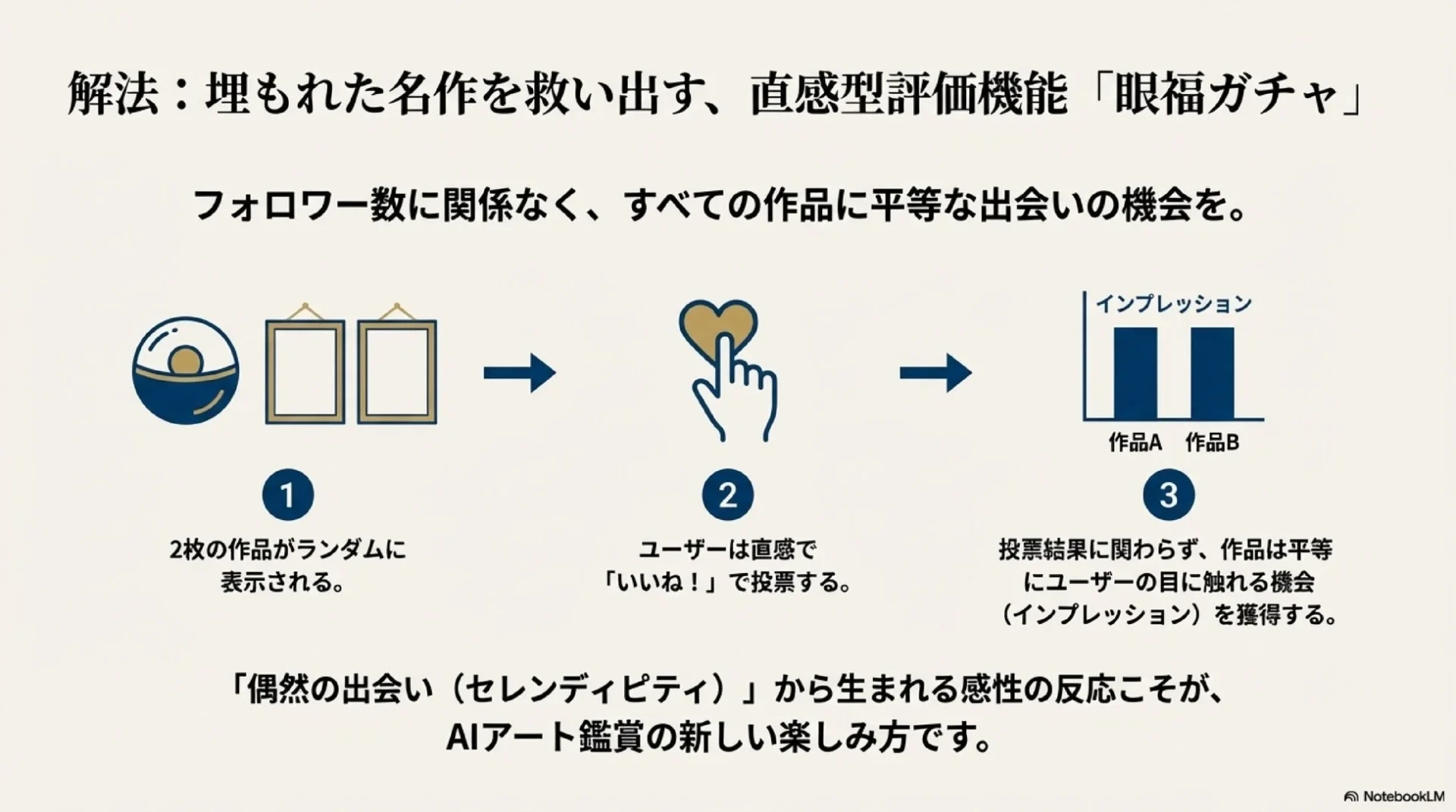 Ganpukuの『眼福ガチャ』の仕組みを図解。ランダム表示といいね投票で作品を発掘。