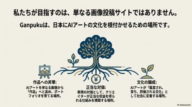 Ganpukuが目指す『作品の昇華』『正当な対価』『文化の醸成』という今後の展望を示すイラスト。