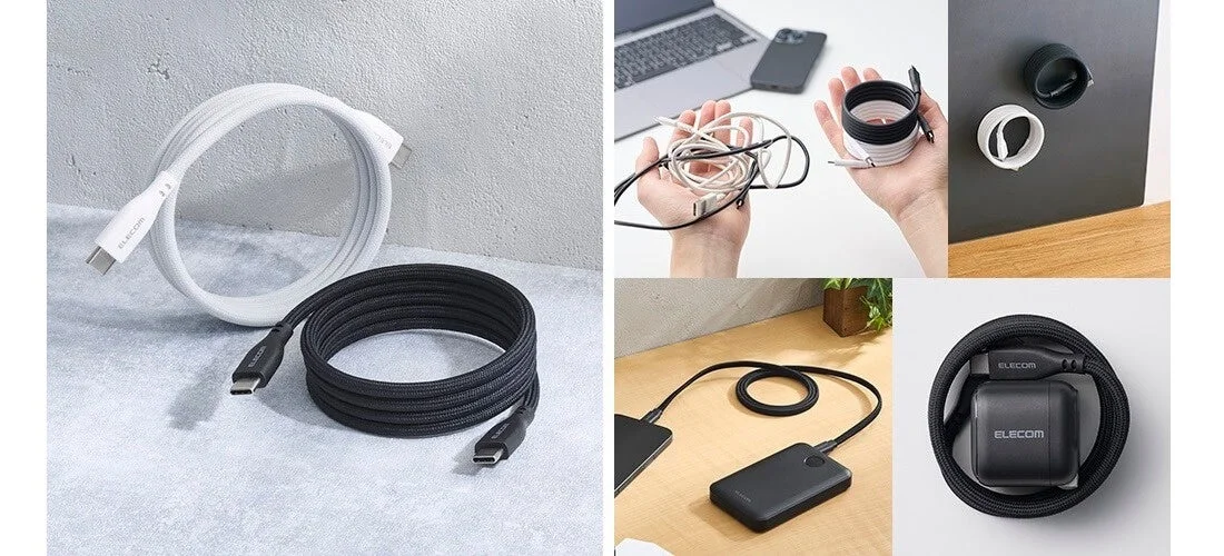 磁石でまとまるUSB Type-Cケーブル3タイプと使用イメージ